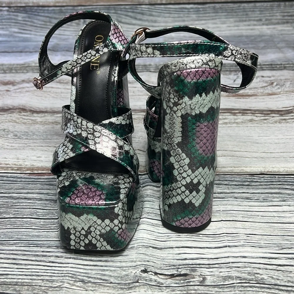 OMINE Women’s Platform 6.5” Heels – Purple/Silver/Green/Black – Size 6